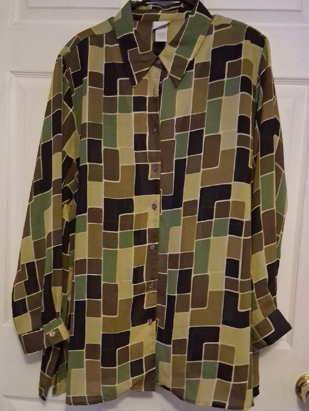 Studio C Geometric Print Blouse in Olive, Tan, Cream, Brown